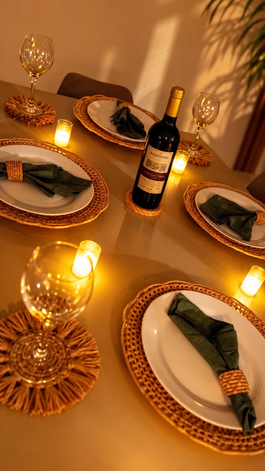 Mesa posta à luz de velas com sousplás de palha, taças e guardanapos de linho
