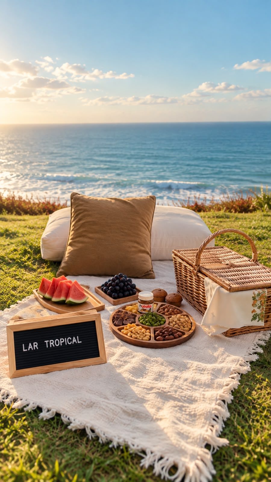 Picnic à beira-mar com manta, cesta, frutas e a plaquinha Lar Tropical